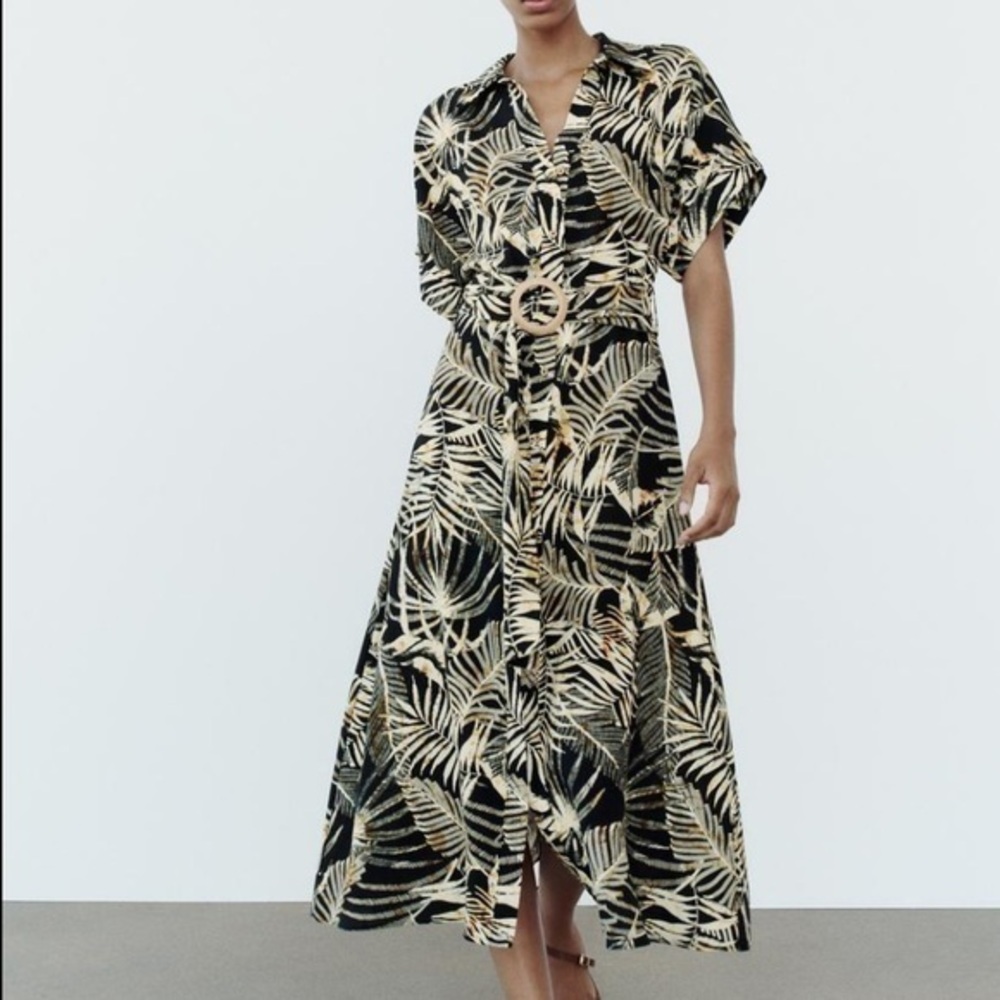 Zara NWT linen blend tropical print dress